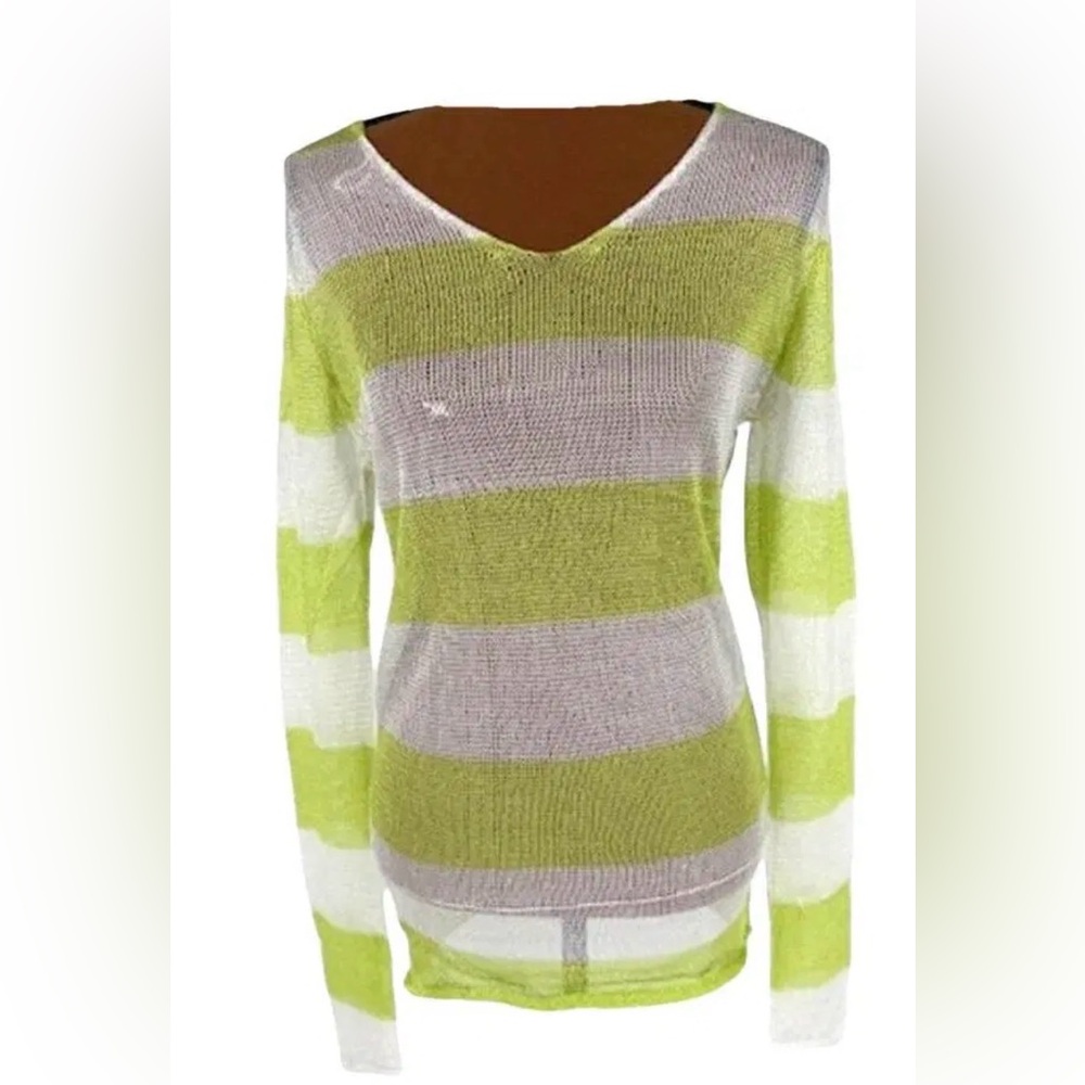 POL V-Neck Sweater - Lime and White Stripes